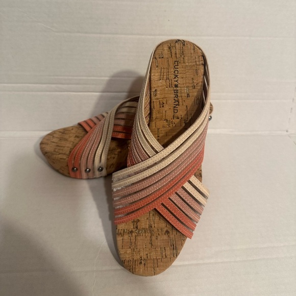 Lucky Brand Pink and Cream Slide Sandals with Cork Sole - Picture 1 of 9